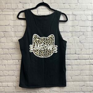 Meow Women's Black Leopard Print Cat Head Tank Top Size Medium Relaxed Fit
